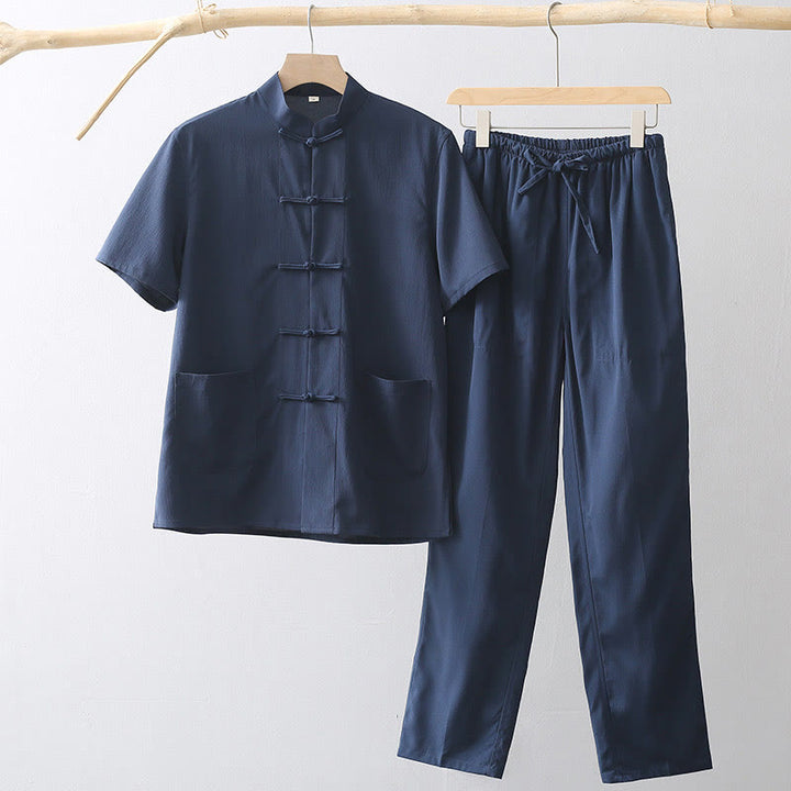 Koszula z krótkim rękawem i szerokimi nogawkami z Buddha Stones Tang, guziki, męski garnitur - MidnightBlue - US/UK/AU44， EU54 (4XL) - image 2