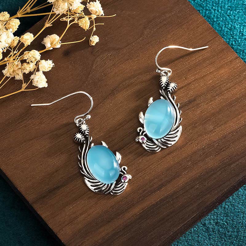 Kolczyki Buddha Stones 925 Sterling Silver Posts Blue Chalcedon Koi Fish Balance Vitality