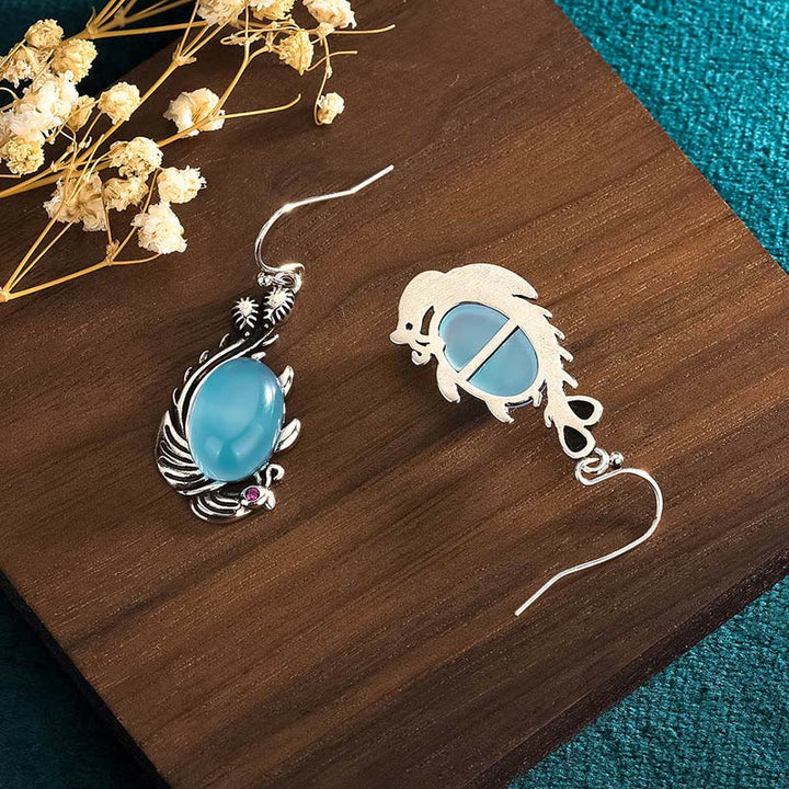 Kolczyki Buddha Stones 925 Sterling Silver Posts Blue Chalcedon Koi Fish Balance Vitality