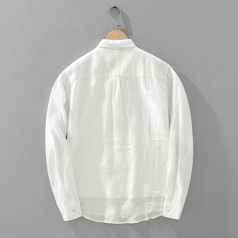 Koszula męska z długim rękawem i guzikami w jednolitym kolorze z motywem Buddha Stones, lniana - image 1