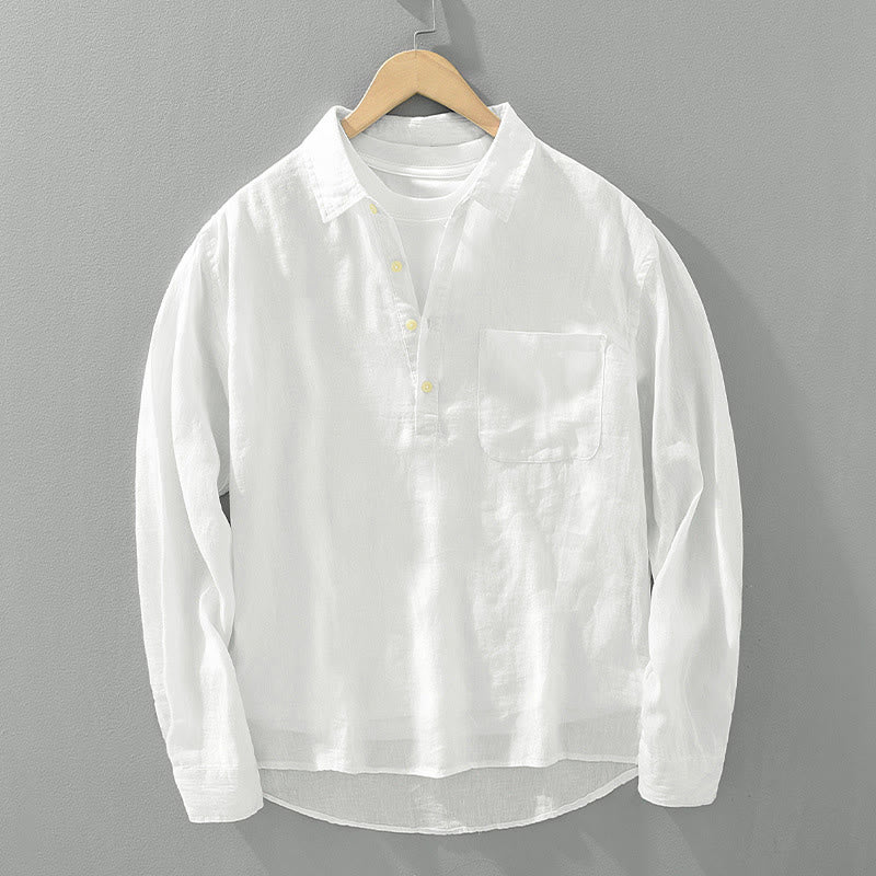Koszula męska z długim rękawem i guzikami w jednolitym kolorze z motywem Buddha Stones, lniana - Biały - US/UK/AU42， EU52 (3XL) - image 1