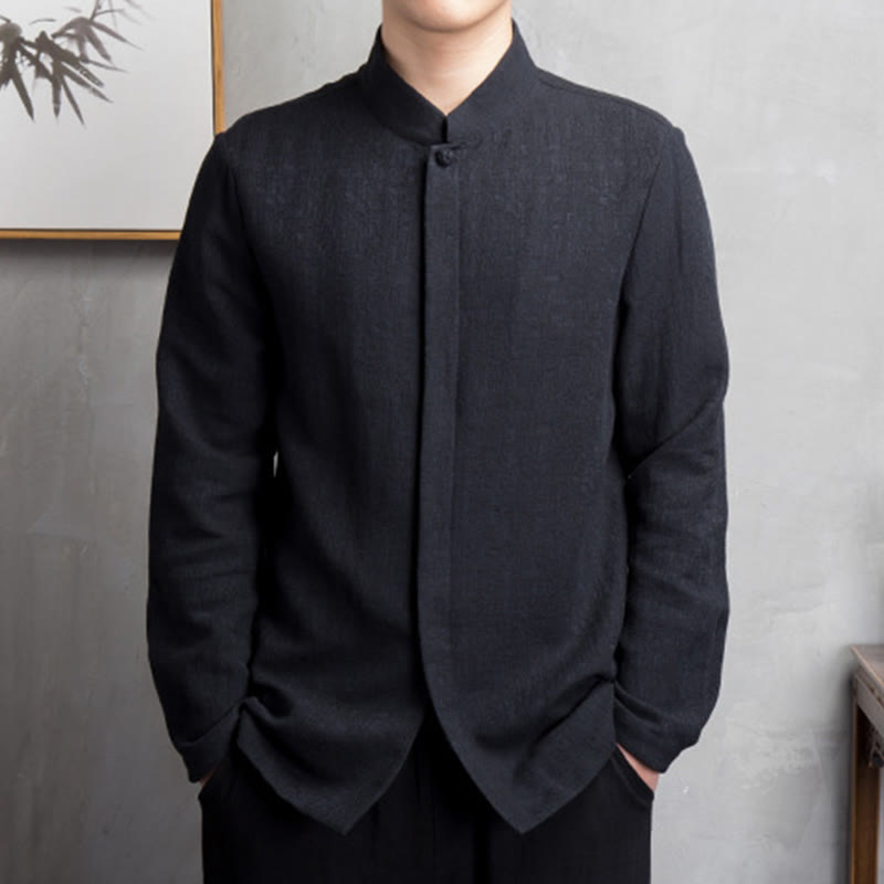 Buddha Stones Jednolity Kolor Chiński Tang Suit Bawełna Lniana Kurtka Męska Odzież - Czarny - US/UK/AU44， EU54 (4XL) - image 7