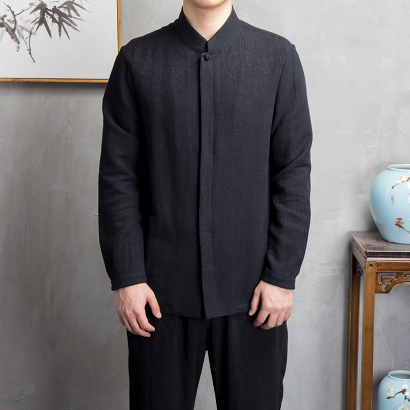 Buddha Stones Jednokolorowa chińska kurtka Tang Suit Men Clothing - image 8