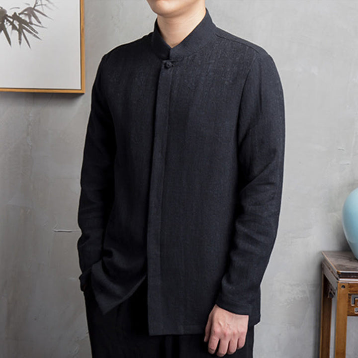 Buddha Stones Jednokolorowa chińska kurtka Tang Suit Men Clothing - image 9