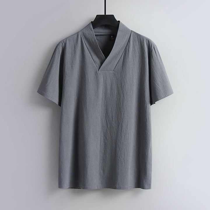 Koszulka Buddha Stones z luźnym T-shirtem w jednolitym kolorze z krótkim rękawem i kołnierzykiem w serek, z przewiewnego lnu - Szary - US/UK/AU54， EU64 (9XL) - image 1