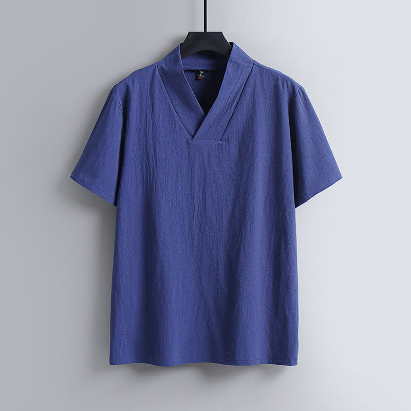 Koszulka Buddha Stones z luźnym T-shirtem w jednolitym kolorze z krótkim rękawem i kołnierzykiem w serek, z przewiewnego lnu - RoyalBlue - US/UK/AU54， EU64 (9XL) - image 3