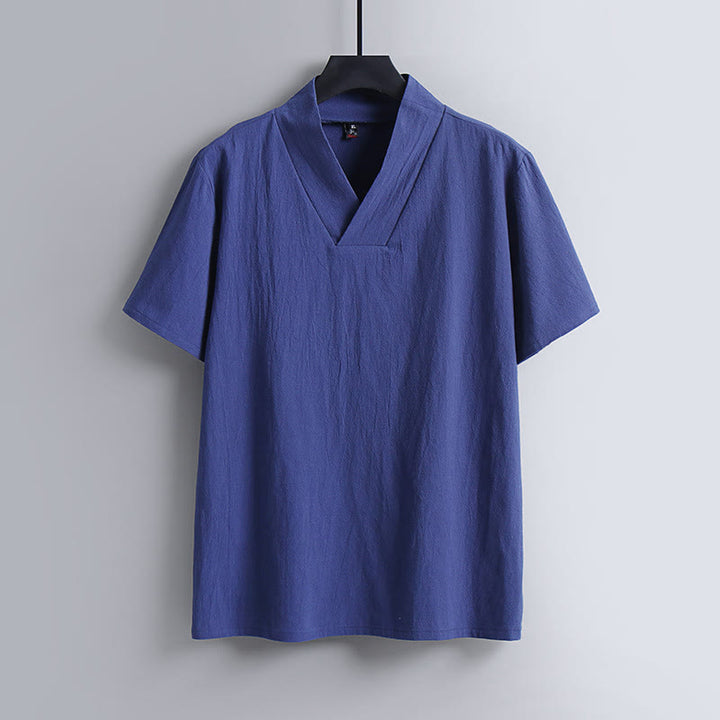 Koszulka Buddha Stones z luźnym T-shirtem w jednolitym kolorze z krótkim rękawem i kołnierzykiem w serek, z przewiewnego lnu - RoyalBlue - US/UK/AU54， EU64 (9XL) - image 3