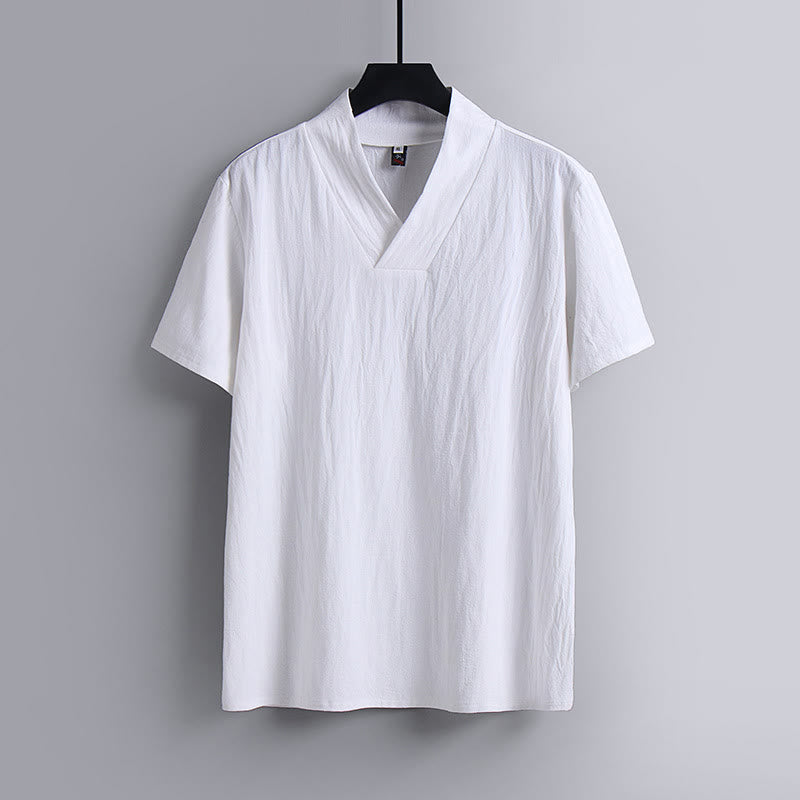Koszulka Buddha Stones z luźnym T-shirtem w jednolitym kolorze z krótkim rękawem i kołnierzykiem w serek, z przewiewnego lnu - Biały - US/UK/AU54， EU64 (9XL) - image 2