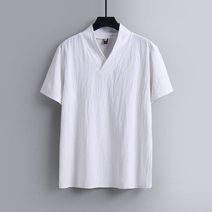 Koszulka Buddha Stones z luźnym T-shirtem w jednolitym kolorze z krótkim rękawem i kołnierzykiem w serek, z przewiewnego lnu - Biały - US/UK/AU54， EU64 (9XL) - image 2