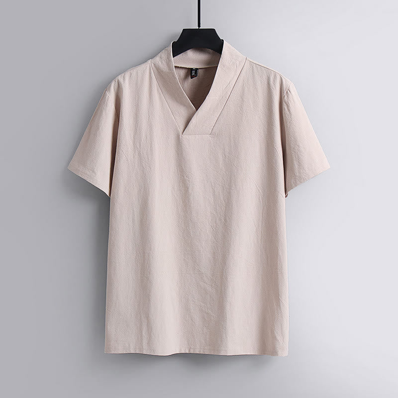 Koszulka Buddha Stones z luźnym T-shirtem w jednolitym kolorze z krótkim rękawem i kołnierzykiem w serek, z przewiewnego lnu - MistyRose - US/UK/AU54， EU64 (9XL) - image 4