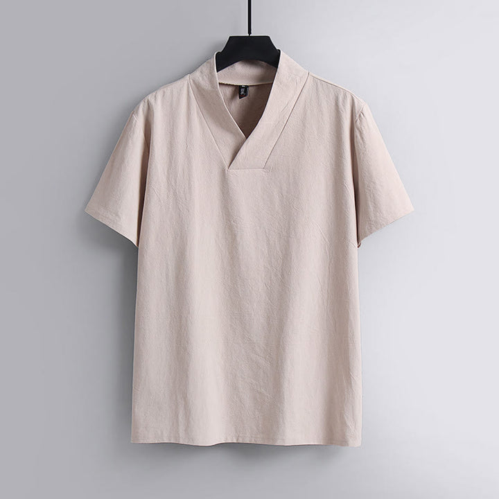 Koszulka Buddha Stones z luźnym T-shirtem w jednolitym kolorze z krótkim rękawem i kołnierzykiem w serek, z przewiewnego lnu - MistyRose - US/UK/AU54， EU64 (9XL) - image 4