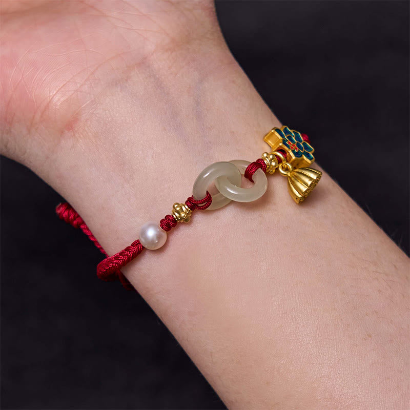 Buddha Stones Hetian Jade Lotus Peace Buckle Bransoletka z plecionej liny Fortune