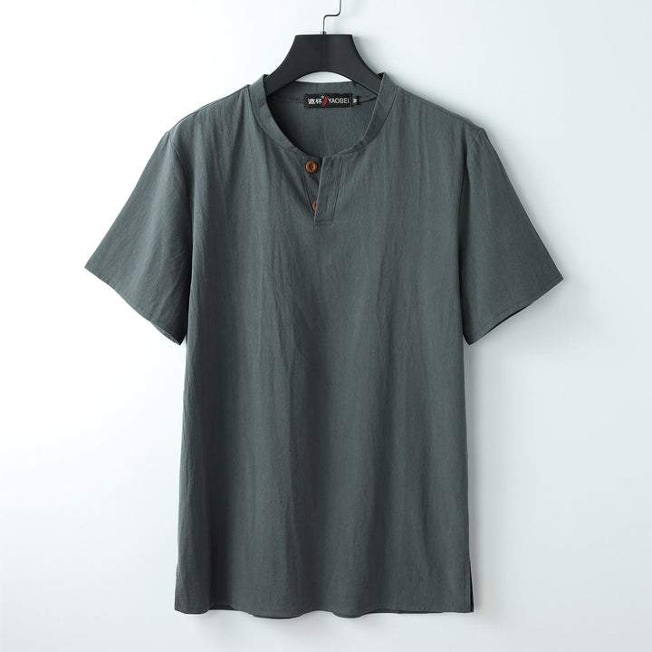 Koszulka Buddha Stones z luźnym T-shirtem w jednolitym kolorze z krótkim rękawem, guzikami i wycięciem pod szyją, wykonana z miękkiej bawełny i lnu - Szary - US/UK/AU54， EU64 (9XL) - image 1