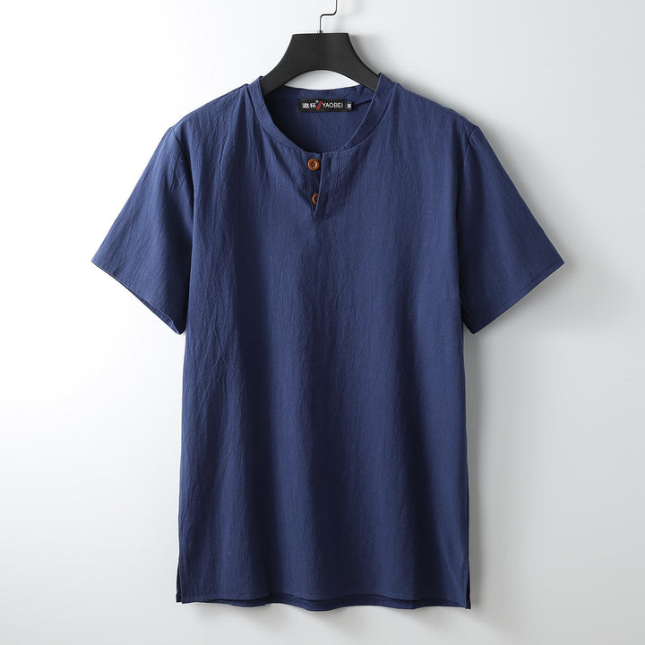 Koszulka Buddha Stones z luźnym T-shirtem w jednolitym kolorze z krótkim rękawem, guzikami i wycięciem pod szyją, wykonana z miękkiej bawełny i lnu - MidnightBlue - US/UK/AU54， EU64 (9XL) - image 3