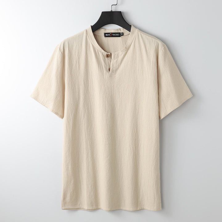 Koszulka Buddha Stones z luźnym T-shirtem w jednolitym kolorze z krótkim rękawem, guzikami i wycięciem pod szyją, wykonana z miękkiej bawełny i lnu - Mokasyn - US/UK/AU54， EU64 (9XL) - image 8
