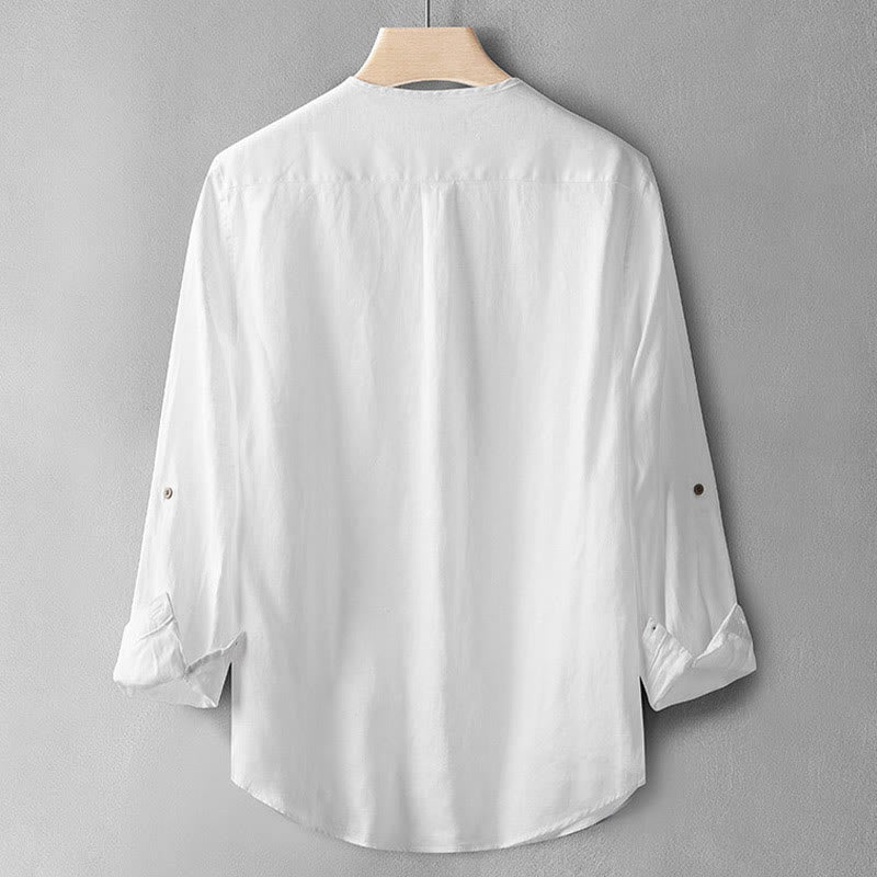 Koszula z długim rękawem i guzikami w jednolitym kolorze z Buddha Stones, lniana, męska, odzież - image 12