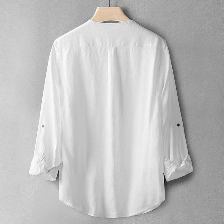 Koszula z długim rękawem i guzikami w jednolitym kolorze z Buddha Stones, lniana, męska, odzież - image 12