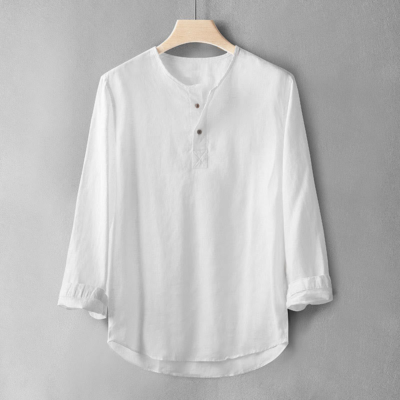 Koszula z długim rękawem i guzikami w jednolitym kolorze z Buddha Stones, lniana, męska, odzież - Biały - US/UK/AU42， EU52 (3XL) - image 1