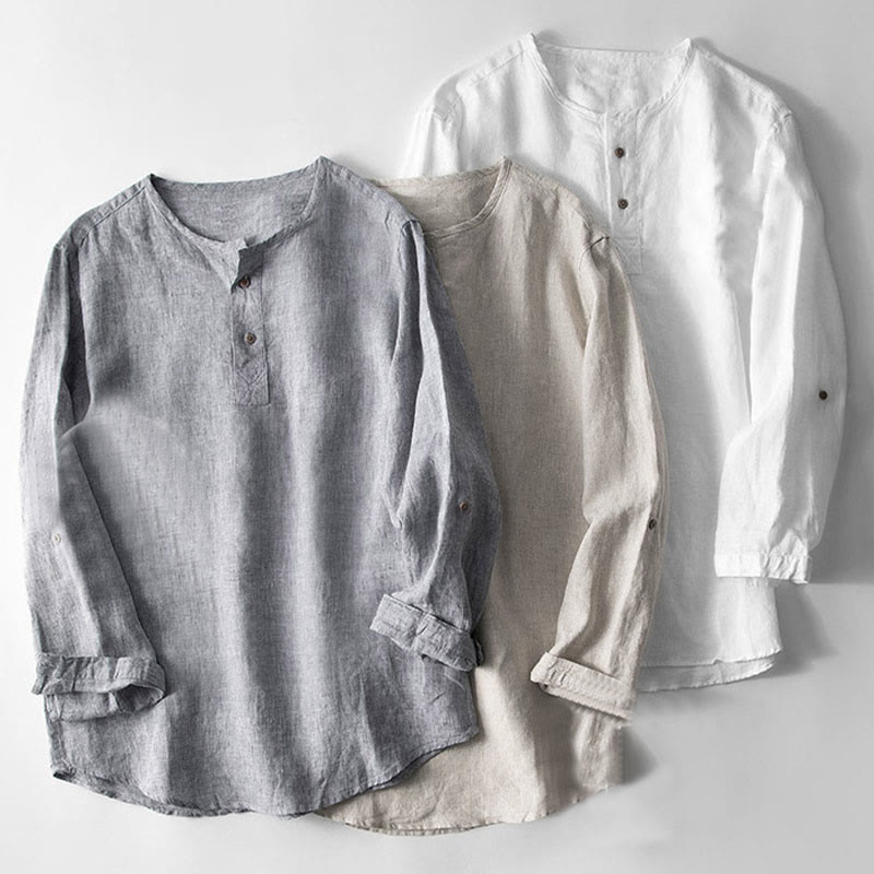 Koszula z długim rękawem i guzikami w jednolitym kolorze z Buddha Stones, lniana, męska, odzież - image 3