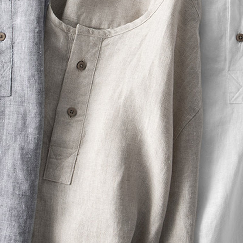 Koszula z długim rękawem i guzikami w jednolitym kolorze z Buddha Stones, lniana, męska, odzież - image 14