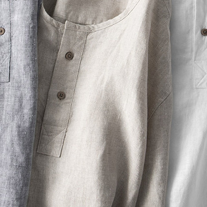 Koszula z długim rękawem i guzikami w jednolitym kolorze z Buddha Stones, lniana, męska, odzież - image 14