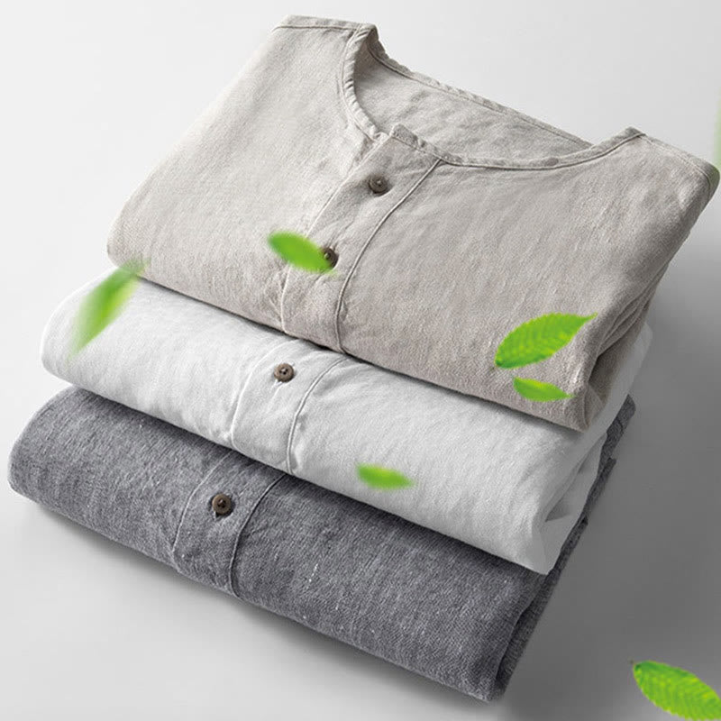 Koszula z długim rękawem i guzikami w jednolitym kolorze z Buddha Stones, lniana, męska, odzież - image 4