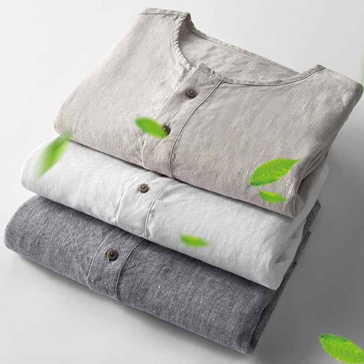 Koszula z długim rękawem i guzikami w jednolitym kolorze z Buddha Stones, lniana, męska, odzież - image 4