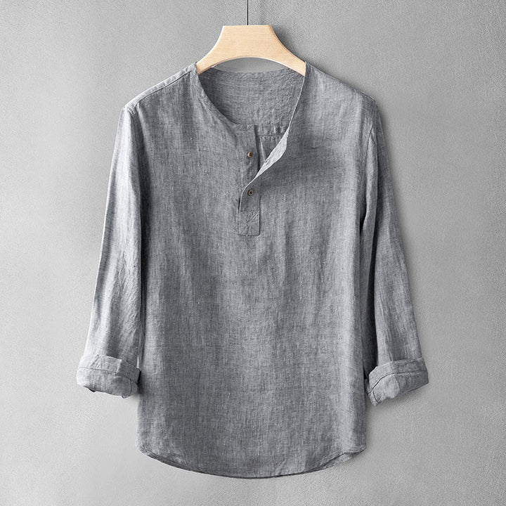 Koszula z długim rękawem i guzikami w jednolitym kolorze z Buddha Stones, lniana, męska, odzież - Ciemnoszary - US/UK/AU42， EU52 (3XL) - image 2