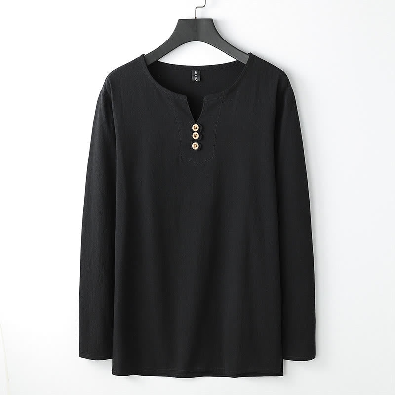 Koszula z długim rękawem i guzikami w jednolitym kolorze z Buddha Stones, bawełniana, lniana, męska - Czarny - US/UK/AU54， EU64 (9XL) - image 3