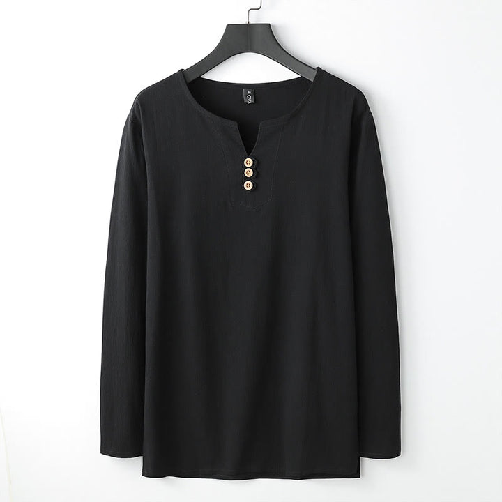 Koszula z długim rękawem i guzikami w jednolitym kolorze z Buddha Stones, bawełniana, lniana, męska - Czarny - US/UK/AU54， EU64 (9XL) - image 3