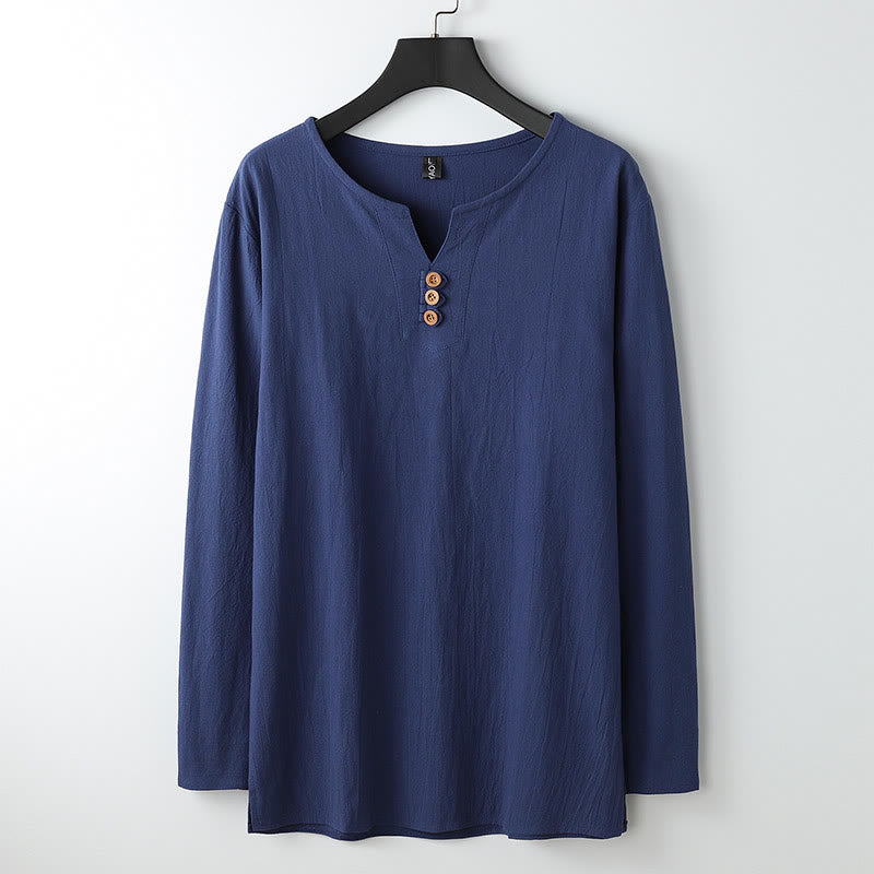 Koszula z długim rękawem i guzikami w jednolitym kolorze z Buddha Stones, bawełniana, lniana, męska - Marynarka wojenna - US/UK/AU54， EU64 (9XL) - image 0