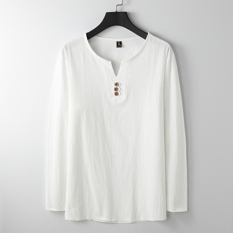 Koszula z długim rękawem i guzikami w jednolitym kolorze z Buddha Stones, bawełniana, lniana, męska - Biały - US/UK/AU54， EU64 (9XL) - image 1