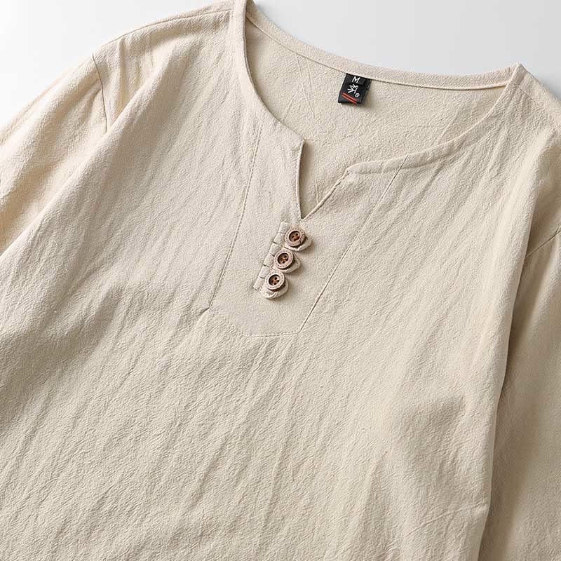 Koszula z długim rękawem i guzikami w jednolitym kolorze z Buddha Stones, bawełniana, lniana, męska - image 6