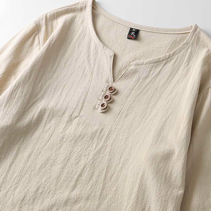 Koszula z długim rękawem i guzikami w jednolitym kolorze z Buddha Stones, bawełniana, lniana, męska - image 6