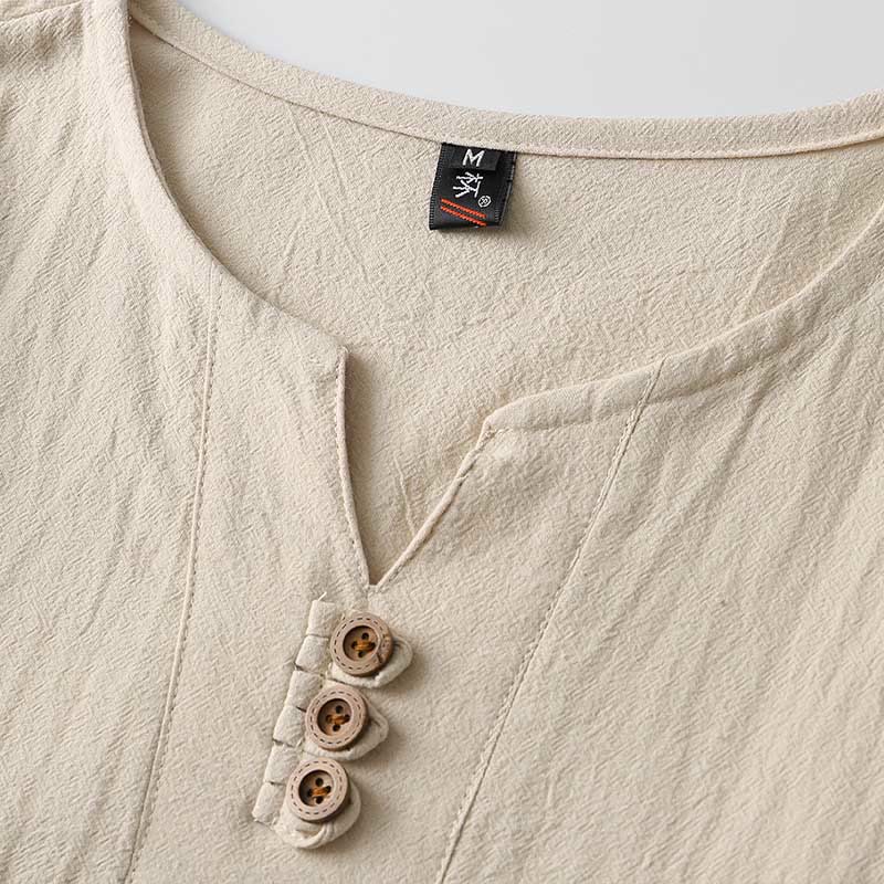 Koszula z długim rękawem i guzikami w jednolitym kolorze z Buddha Stones, bawełniana, lniana, męska - image 5