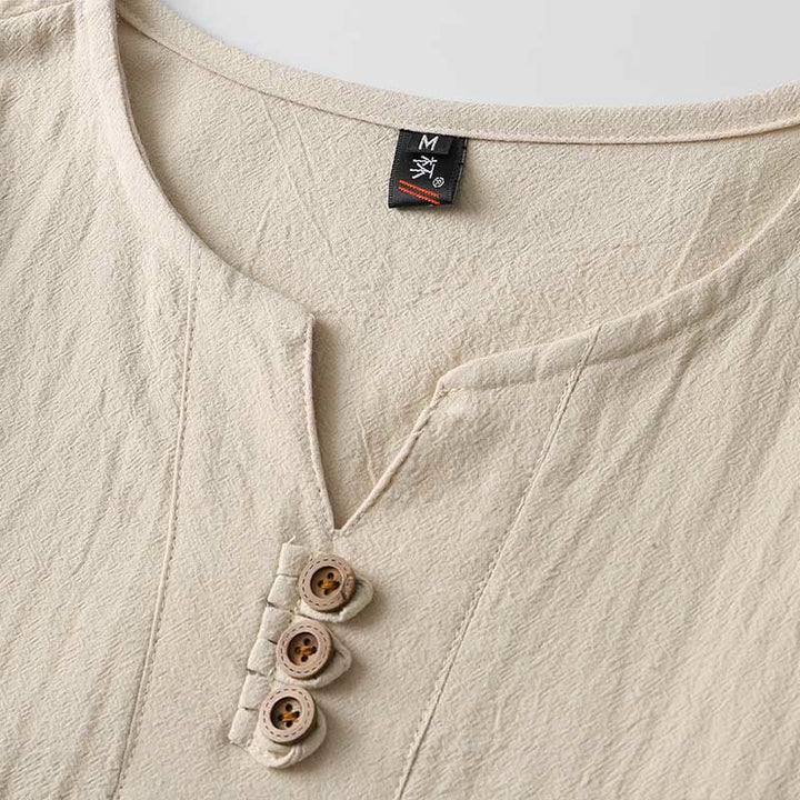 Koszula z długim rękawem i guzikami w jednolitym kolorze z Buddha Stones, bawełniana, lniana, męska - image 5