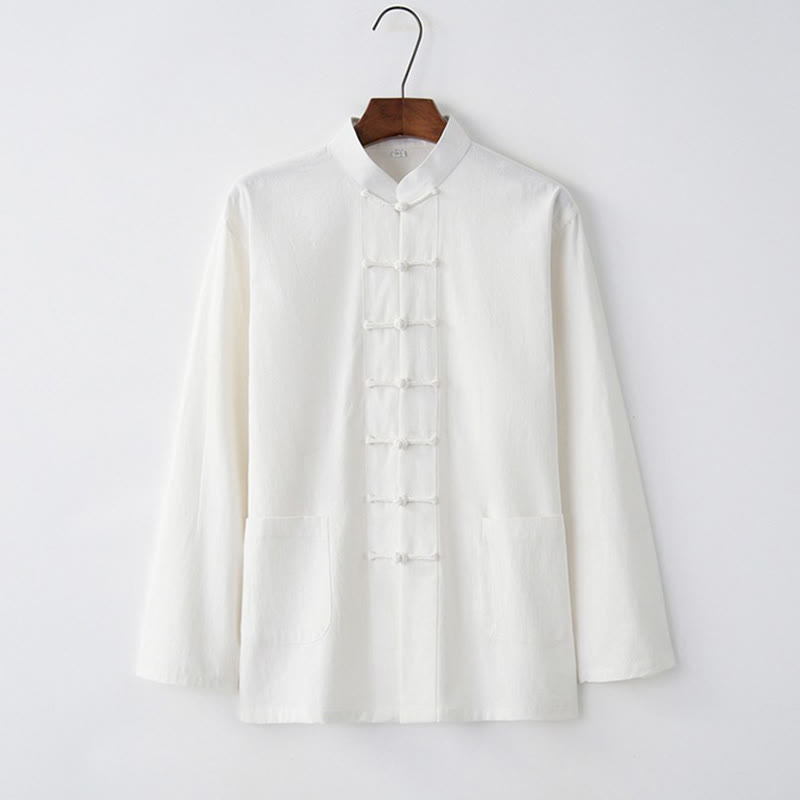 Koszula z długim rękawem Buddha Stones Tang Frog-Button Cotton Men's Clothing - Biały - US/UK/AU44， EU54 (4XL) - image 1