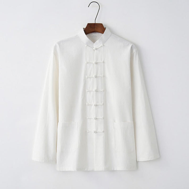 Koszula z długim rękawem Buddha Stones Tang Frog-Button Cotton Men's Clothing - Biały - US/UK/AU44， EU54 (4XL) - image 1