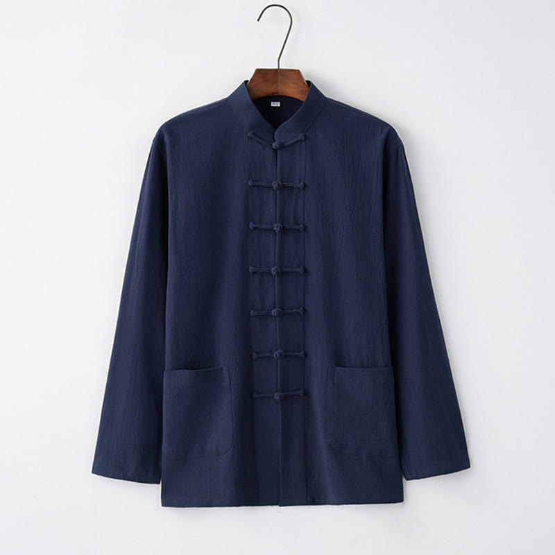 Koszula z długim rękawem Buddha Stones Tang Frog-Button Cotton Men's Clothing - MidnightBlue - US/UK/AU44， EU54 (4XL) - image 4