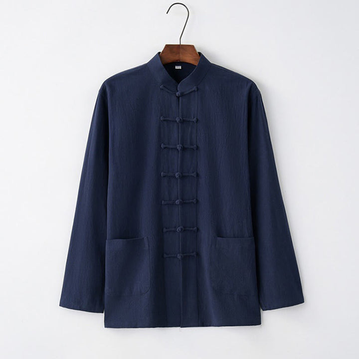 Koszula z długim rękawem Buddha Stones Tang Frog-Button Cotton Men's Clothing - MidnightBlue - US/UK/AU44， EU54 (4XL) - image 4