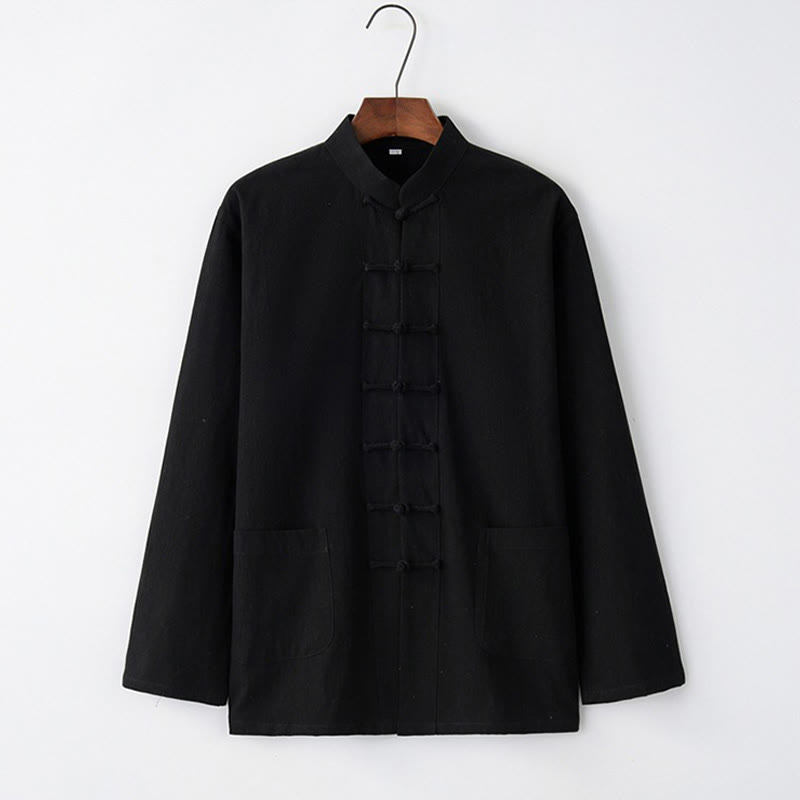 Koszula z długim rękawem Buddha Stones Tang Frog-Button Cotton Men's Clothing - Czarny - US/UK/AU44， EU54 (4XL) - image 2