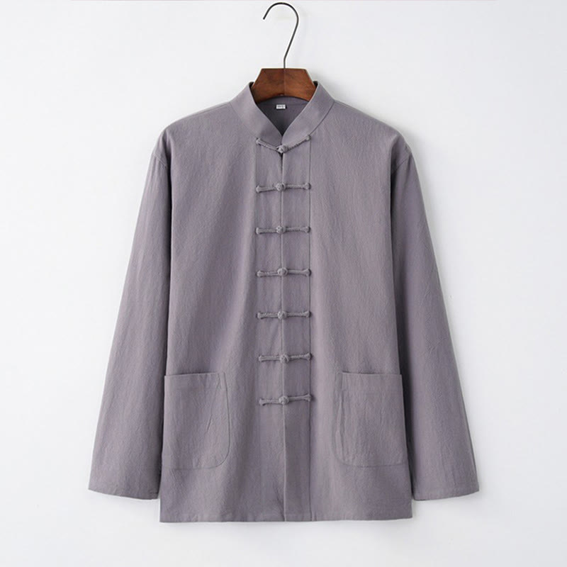 Koszula z długim rękawem Buddha Stones Tang Frog-Button Cotton Men's Clothing - LightSlateGray - US/UK/AU44， EU54 (4XL) - image 0