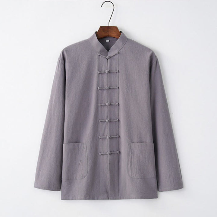 Koszula z długim rękawem Buddha Stones Tang Frog-Button Cotton Men's Clothing - LightSlateGray - US/UK/AU44， EU54 (4XL) - image 0