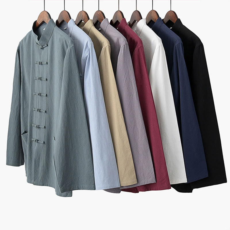 Koszula z długim rękawem Buddha Stones Tang Frog-Button Cotton Men's Clothing - image 12