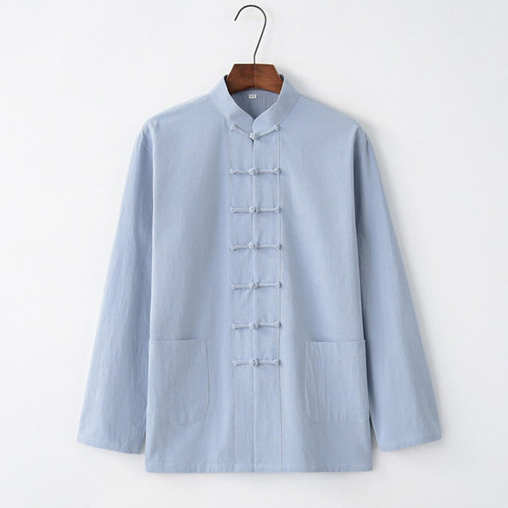 Koszula z długim rękawem Buddha Stones Tang Frog-Button Cotton Men's Clothing - LightSkyBlue - US/UK/AU44， EU54 (4XL) - image 6