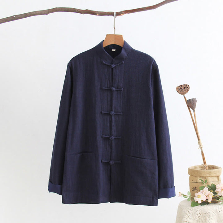 Koszula z długim rękawem Buddha Stones Tang Frog-Button Cotton Linen Men's Clothing - MidnightBlue - US/UK/AU44， EU54 (4XL) - image 4