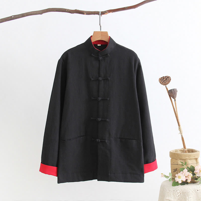 Koszula z długim rękawem Buddha Stones Tang Frog-Button Cotton Linen Men's Clothing - Czarny - US/UK/AU44， EU54 (4XL) - image 3