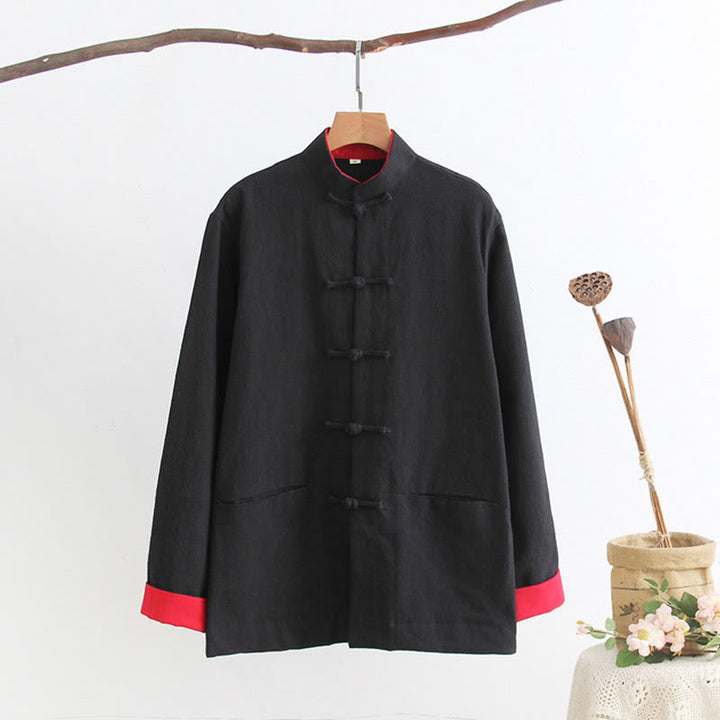 Koszula z długim rękawem Buddha Stones Tang Frog-Button Cotton Linen Men's Clothing - Czarny - US/UK/AU44， EU54 (4XL) - image 3