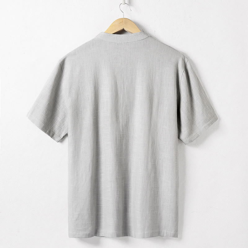 Koszula męska Buddha Stones Loose w jednolitym kolorze z wyciętym dekoltem i krótkim rękawem, wygodna, zapinana na guziki, oddychająca, bawełniana, lniana koszula - image 5