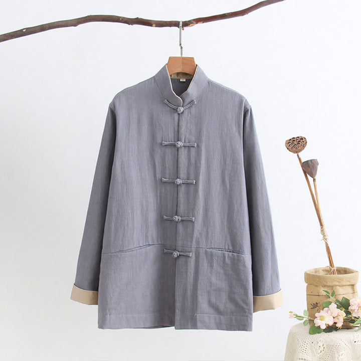 Koszula z długim rękawem Buddha Stones Tang Frog-Button Cotton Linen Men's Clothing - LightSteelBlue - US/UK/AU44， EU54 (4XL) - image 2